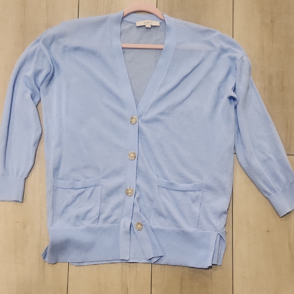 LOFT Light Blue V-Neck Button Cardigan - Picture 7 of 7